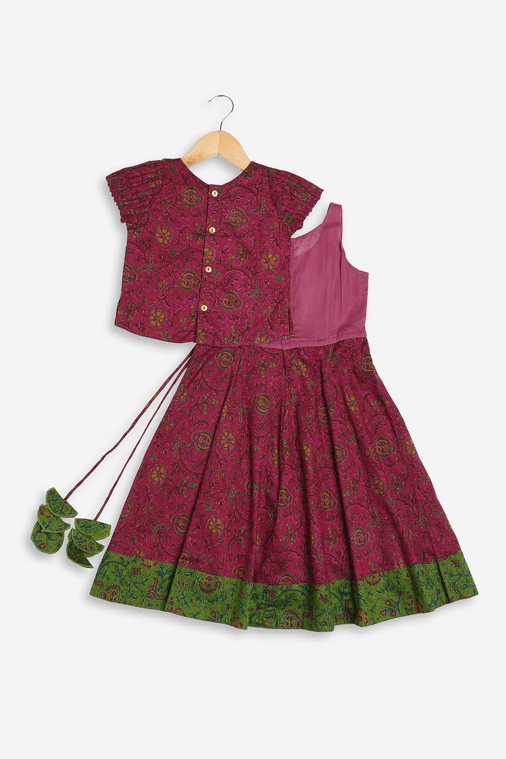 Chittythali Girls Cotton Silk Blend Pavadai Set | Pintuck Sleeve Top with Yoke Patchwork & Kali Skirt | Traditional Ethnic Festive Dress for Girls - PS33