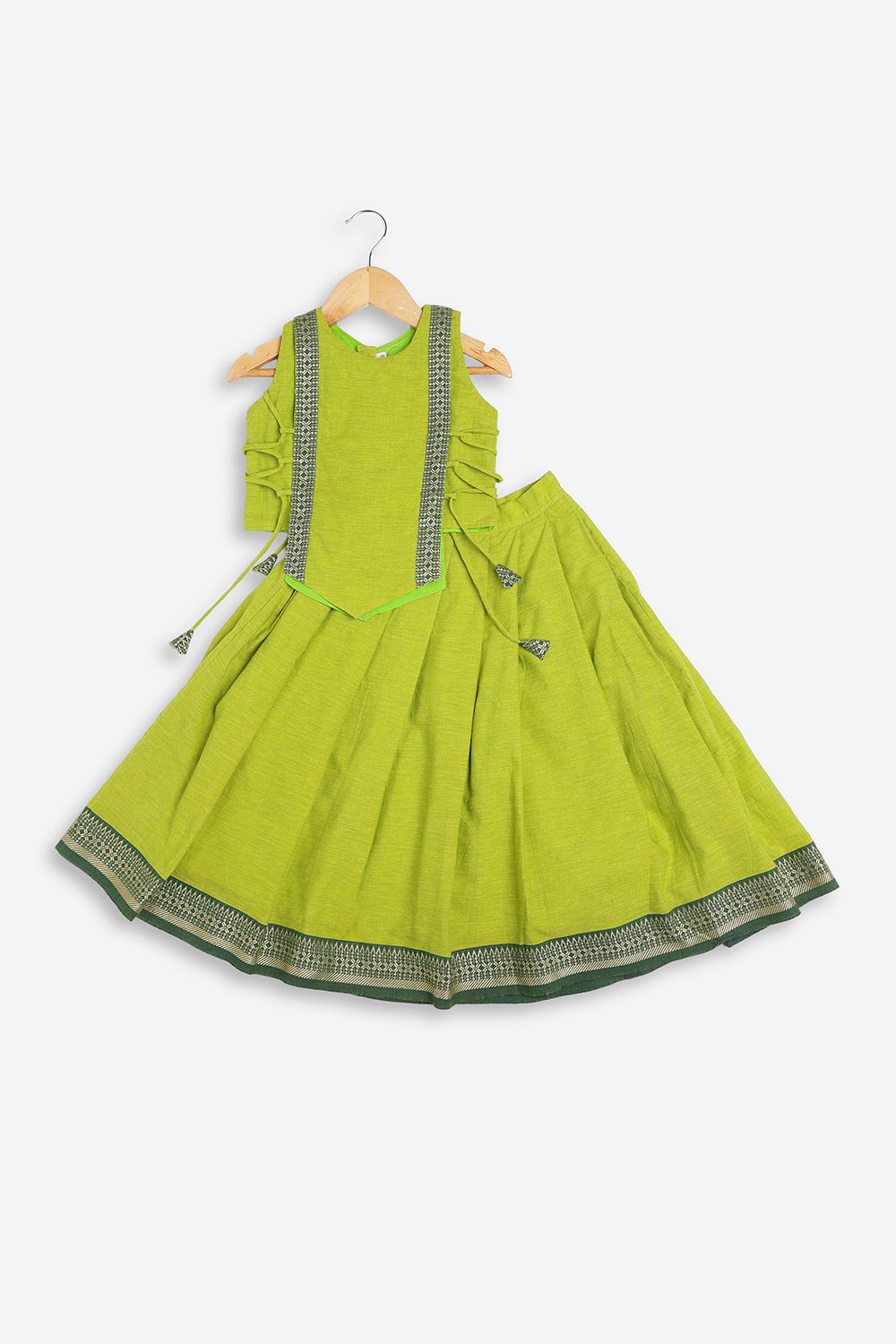 Chittythali Girls Handloom Cotton Pavadai Set | Mangalagiri Style Panelled Tie-Up Top with Knife Pleated Skirt | Traditional Ethnic Dress for Girls - PS93