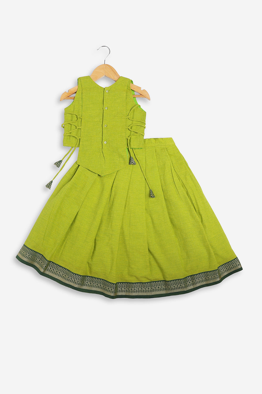 Chittythali Girls Handloom Cotton Pavadai Set | Mangalagiri Style Panelled Tie-Up Top with Knife Pleated Skirt | Traditional Ethnic Dress for Girls - PS93