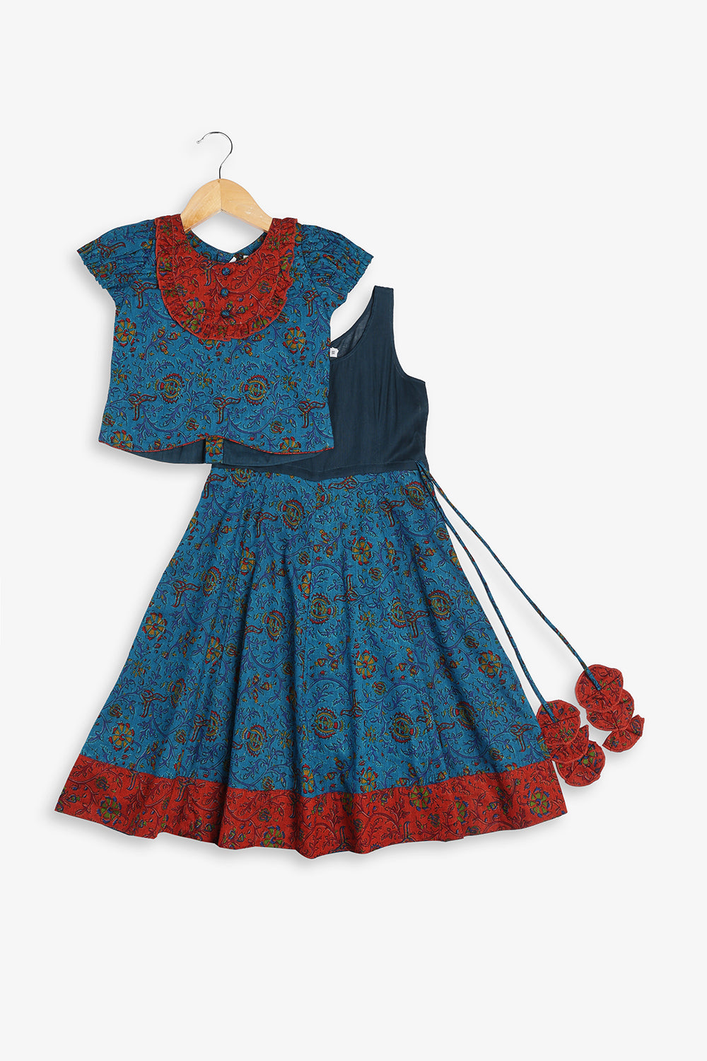 Chittythali Girls Cotton Silk Blend Pavadai Set | Pintuck Sleeve Top with Yoke Patchwork & Kali Skirt | Traditional Ethnic Festive Dress for Girls - PS33