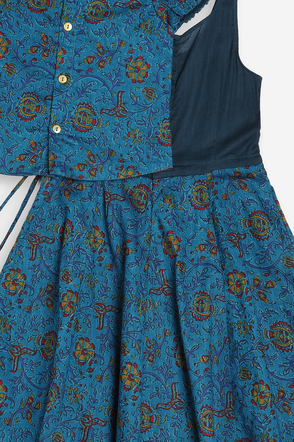 Chittythali Girls Cotton Silk Blend Pavadai Set | Pintuck Sleeve Top with Yoke Patchwork & Kali Skirt | Traditional Ethnic Festive Dress for Girls - PS33