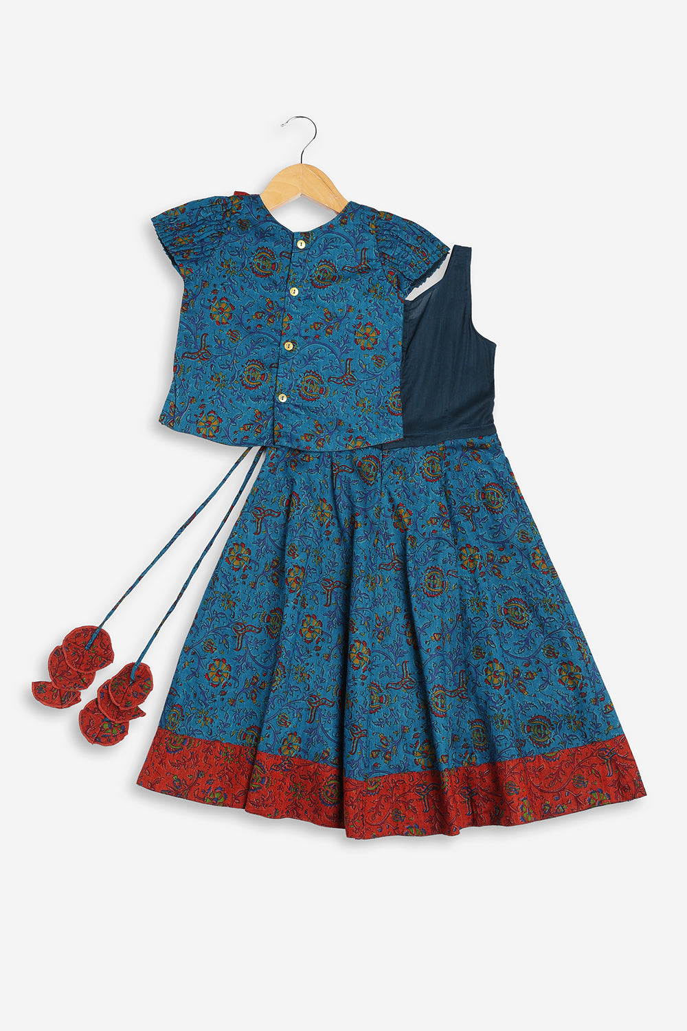 Chittythali Girls Cotton Silk Blend Pavadai Set | Pintuck Sleeve Top with Yoke Patchwork & Kali Skirt | Traditional Ethnic Festive Dress for Girls - PS33