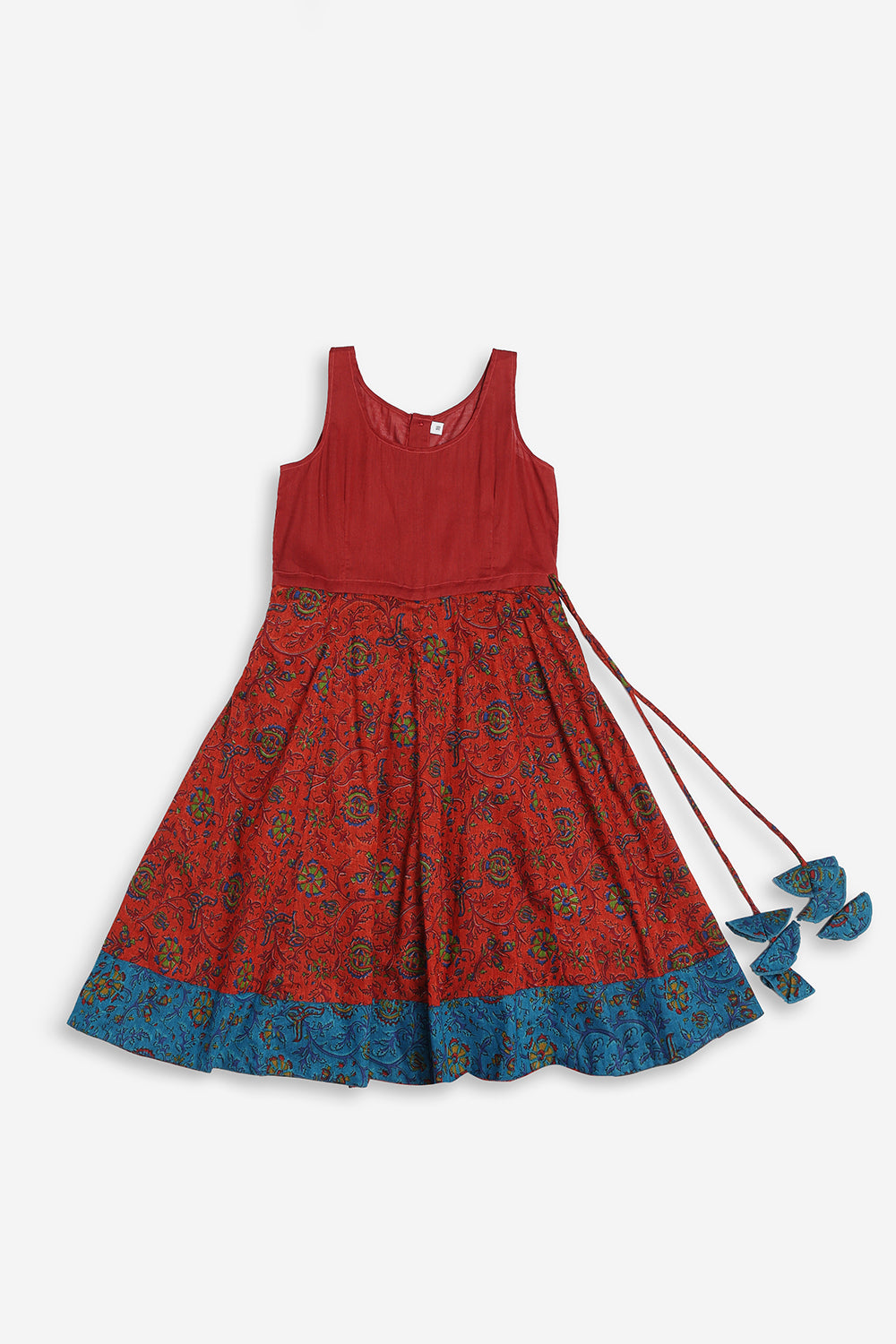 Chittythali Girls Cotton Silk Blend Pavadai Set | Pintuck Sleeve Top with Yoke Patchwork & Kali Skirt | Traditional Ethnic Festive Dress for Girls - PS33