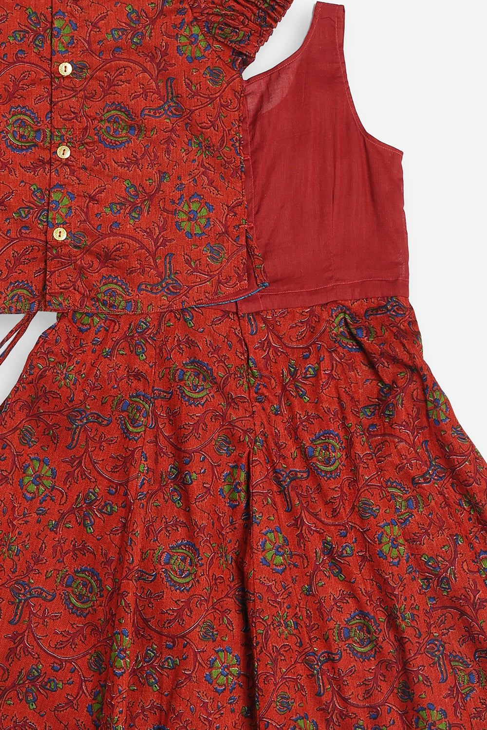 Chittythali Girls Cotton Silk Blend Pavadai Set | Pintuck Sleeve Top with Yoke Patchwork & Kali Skirt | Traditional Ethnic Festive Dress for Girls - PS33