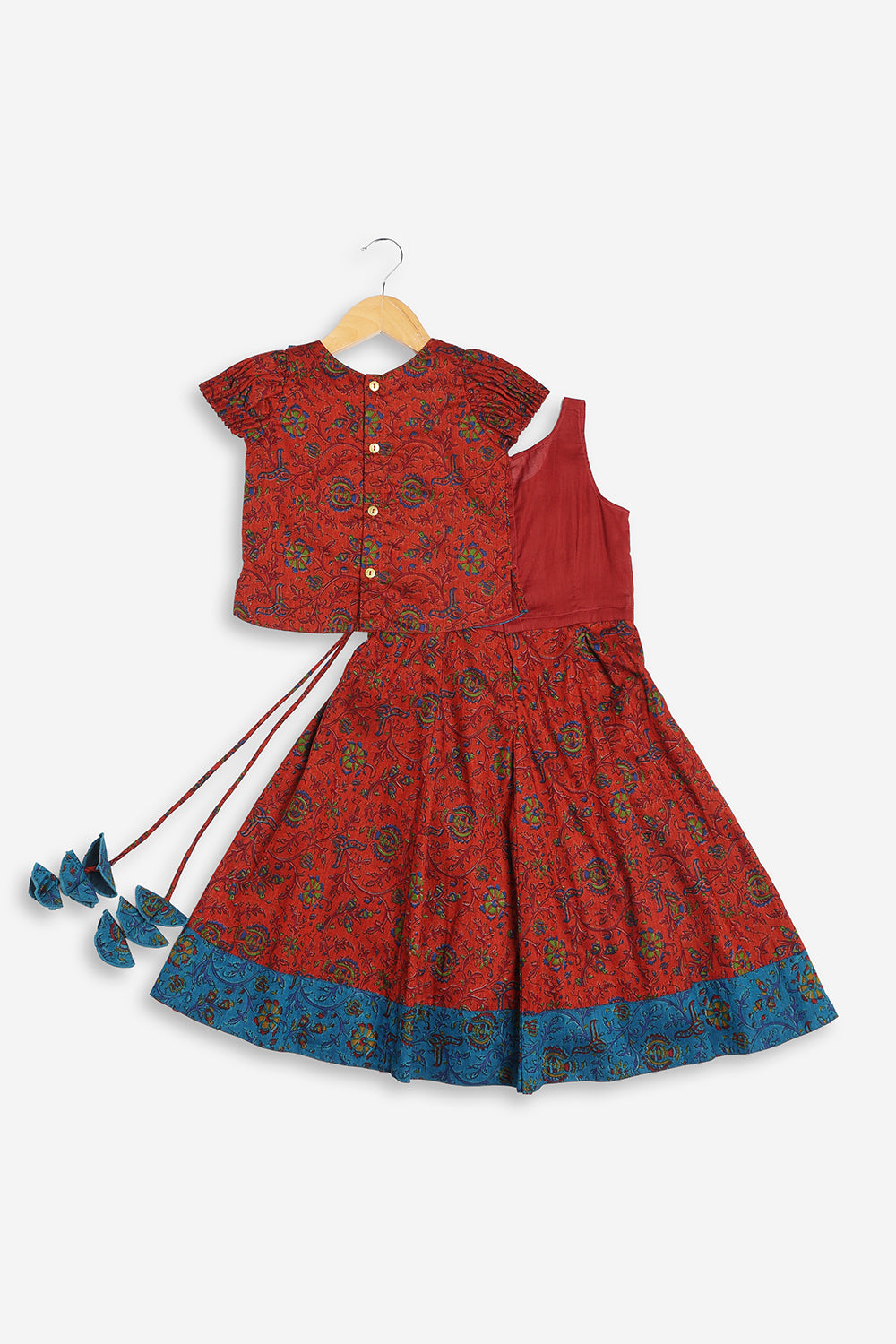 Chittythali Girls Cotton Silk Blend Pavadai Set | Pintuck Sleeve Top with Yoke Patchwork & Kali Skirt | Traditional Ethnic Festive Dress for Girls - PS33