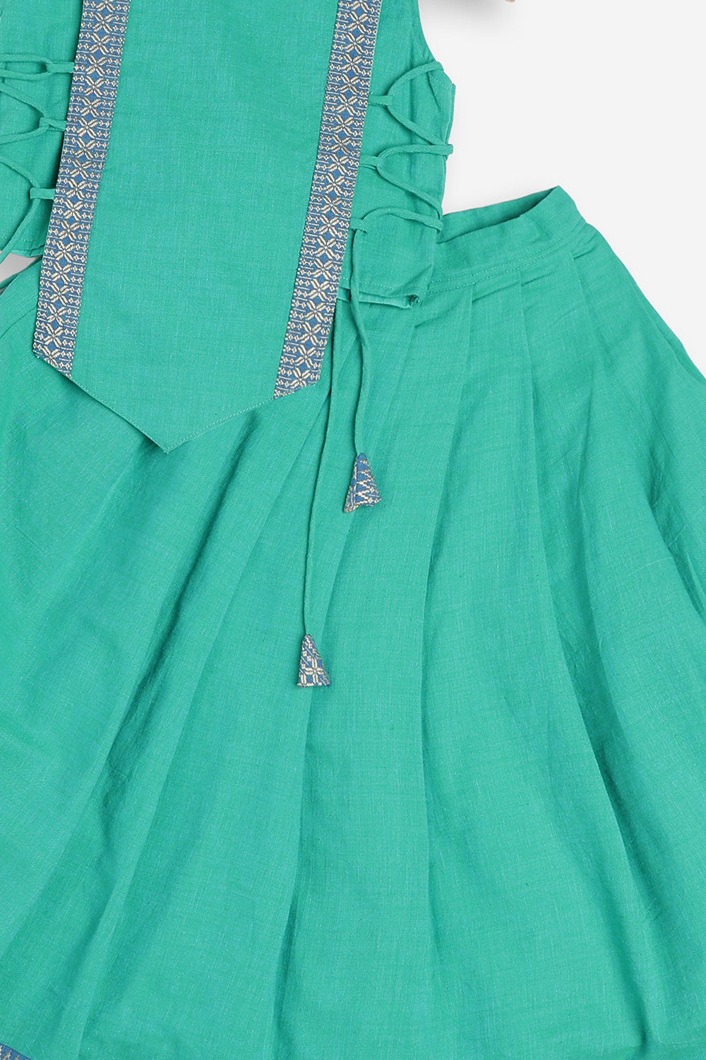 Chittythali Girls Handloom Cotton Pavadai Set | Mangalagiri Style Panelled Tie-Up Top with Knife Pleated Skirt | Traditional Ethnic Dress for Girls - PS93