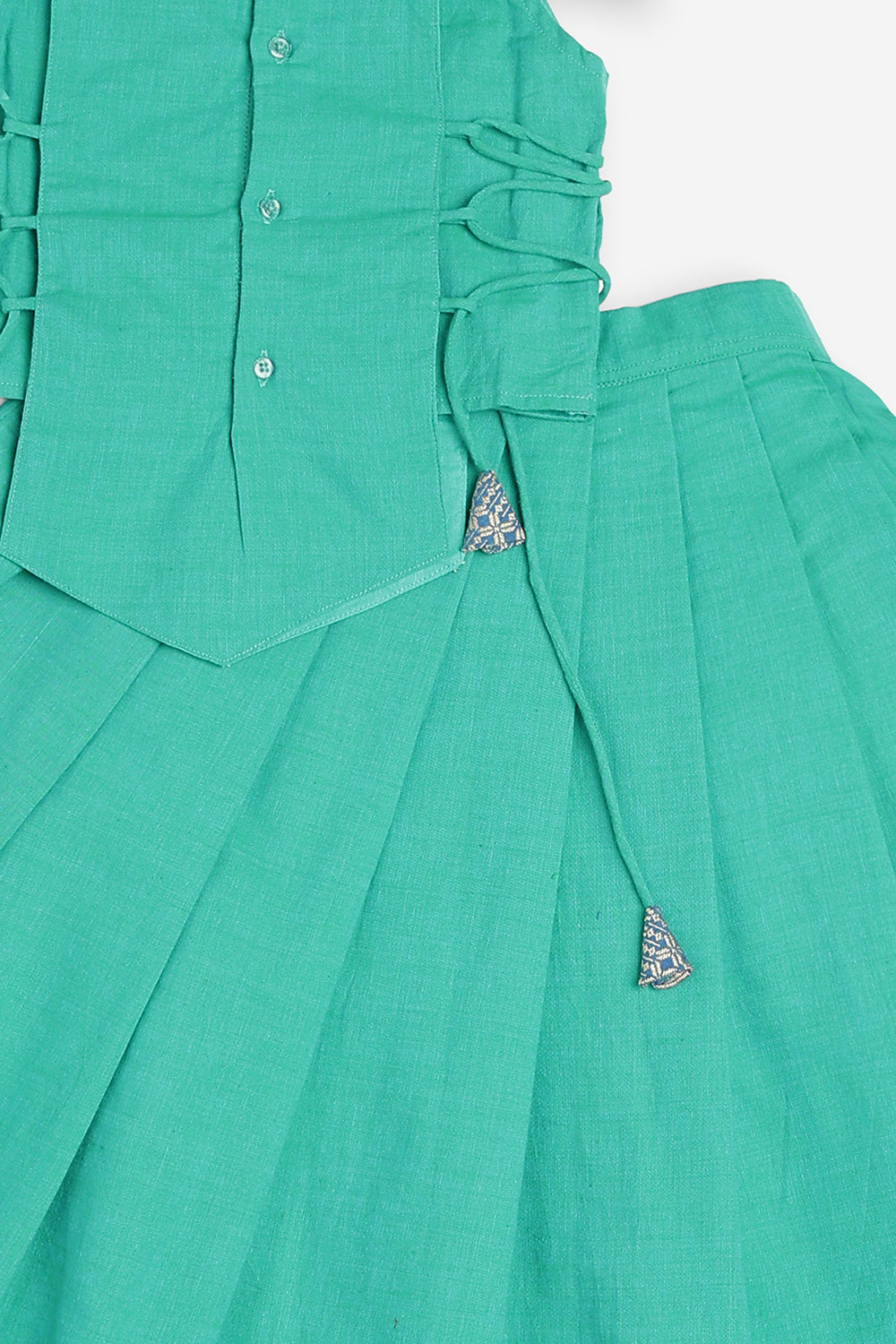 Chittythali Girls Handloom Cotton Pavadai Set | Mangalagiri Style Panelled Tie-Up Top with Knife Pleated Skirt | Traditional Ethnic Dress for Girls - PS93