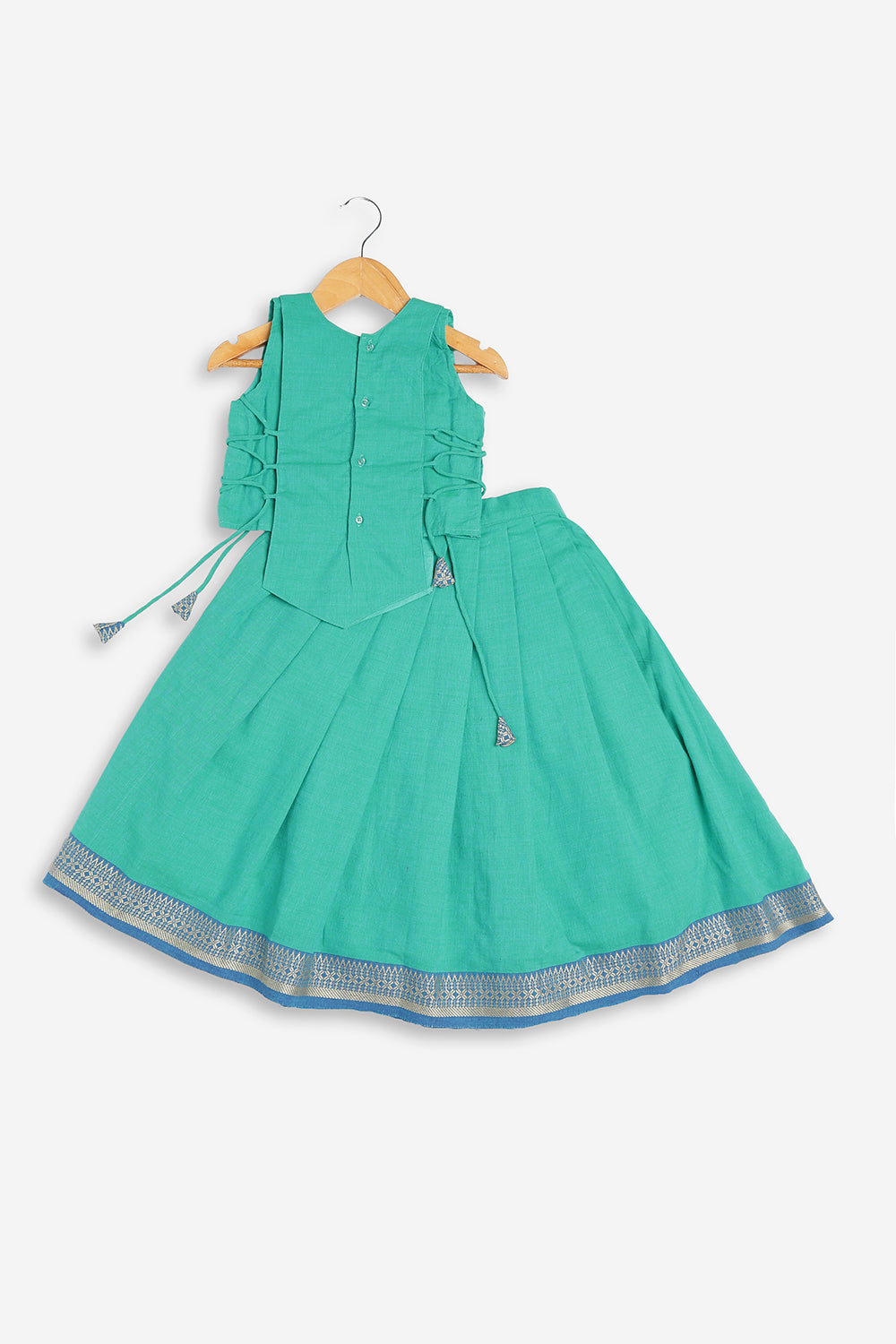 Chittythali Girls Handloom Cotton Pavadai Set | Mangalagiri Style Panelled Tie-Up Top with Knife Pleated Skirt | Traditional Ethnic Dress for Girls - PS93