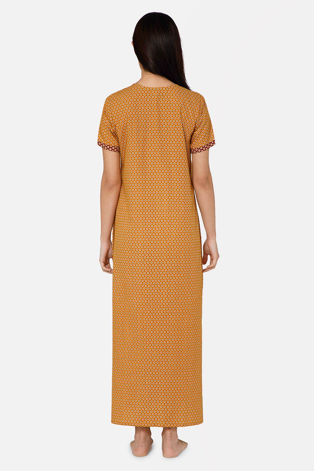 Naidu Hall A-line Front Open Women's Nighty Full Length Half Sleeve - Mustard- R125