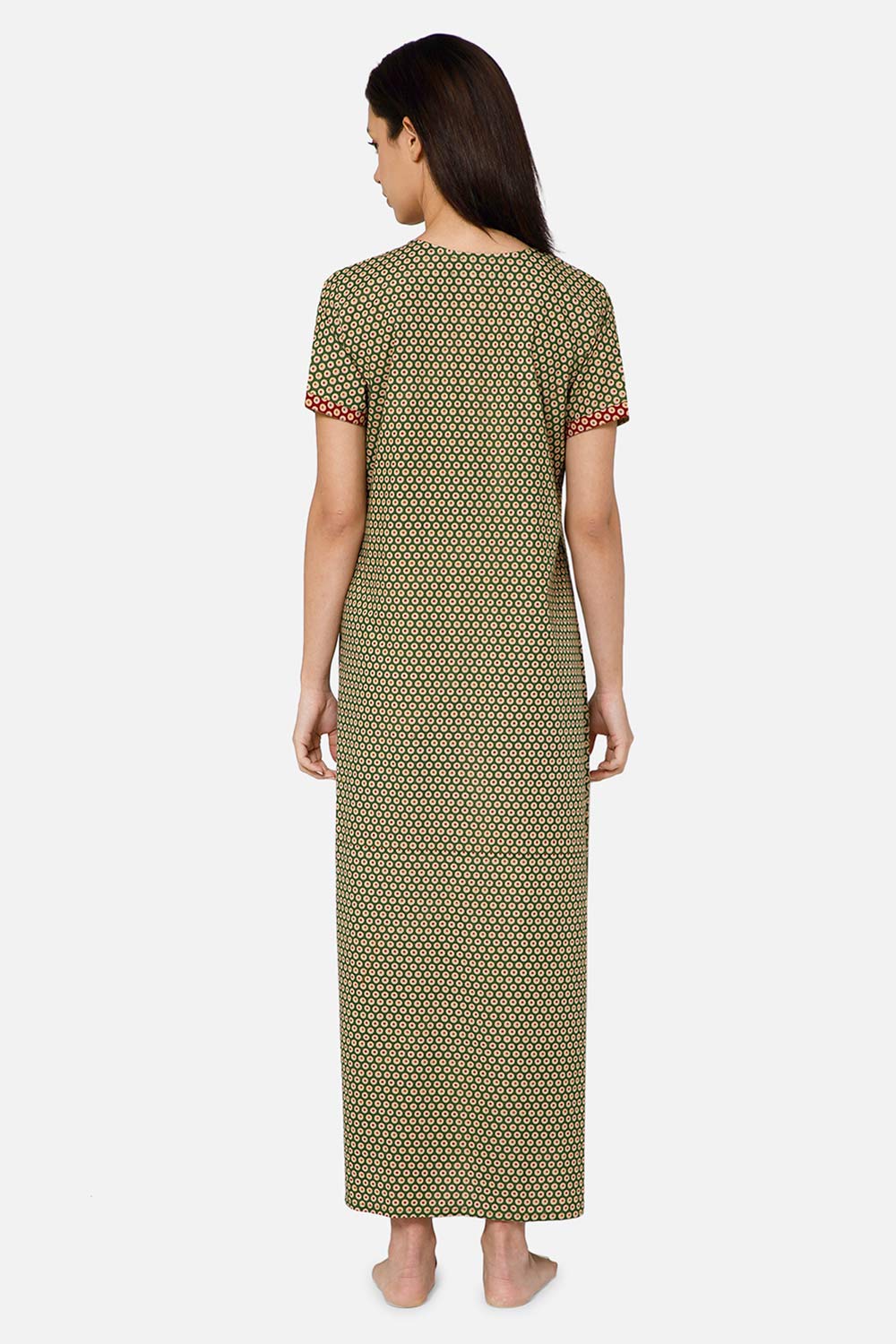 Naidu Hall A-line Front Open Women's Nighty Full Length Half Sleeve  - Green - R125