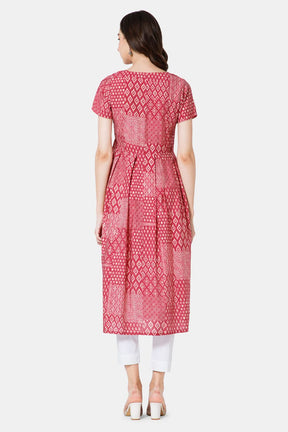 Mythri Women's Ethnic Wear V Neck Anagarkha Kurta with Fabric tassels - Magenta - KU42