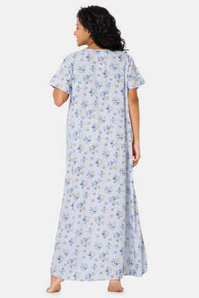 Naidu Hall Front Open Round Neck Short Sleeve Printed Nighty-Light blue - NT11