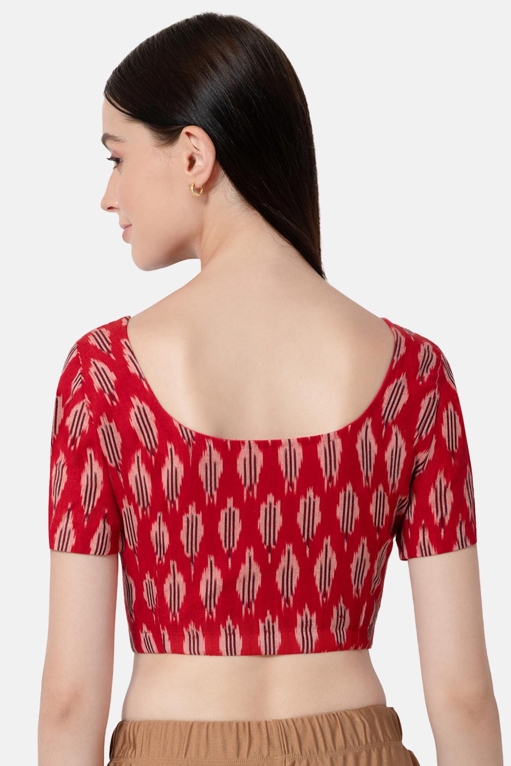 Naiduhall Princess Cut Round Neck Short Sleeve Ikat Blouse - Dark red - BU10