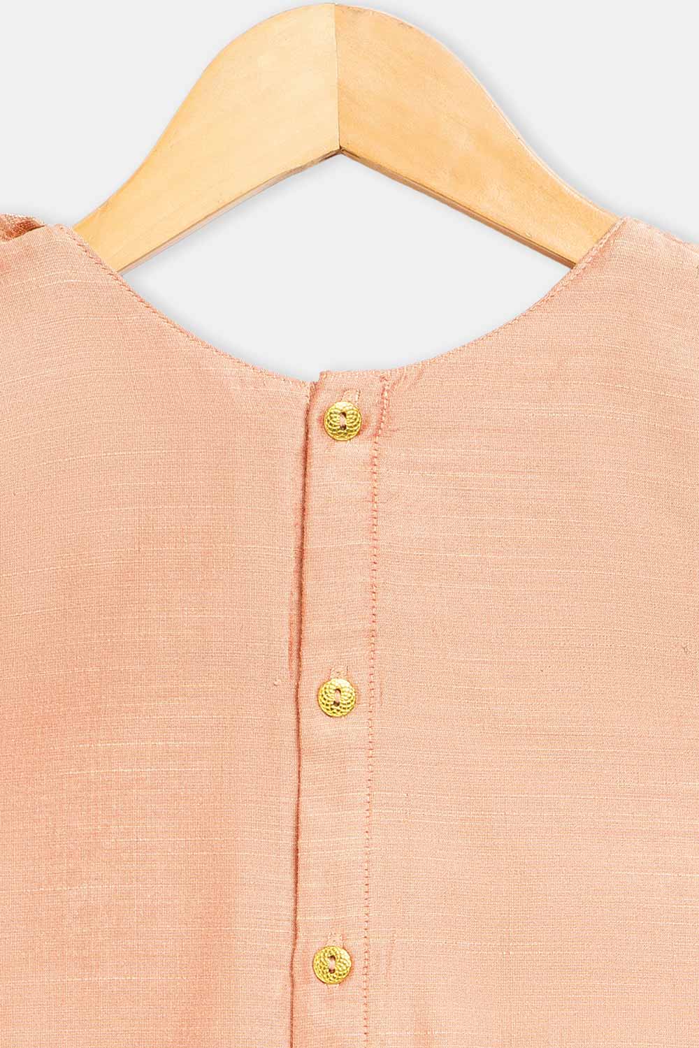 Chittythalli Girls’ Asymmetric Neck Pavadai Set – Brocade Skirt & Cotton Top - Peach - PS50