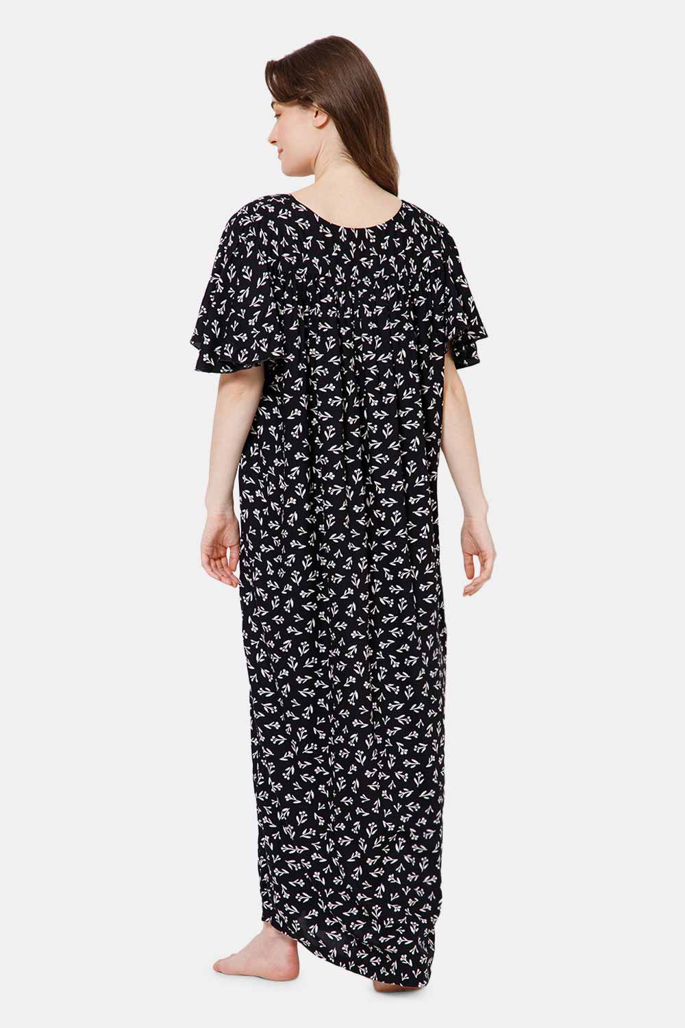 Naidu Hall All Over Printed Nighty with Butterfly Sleeves Diamond Neck - Black print-2 - NT37