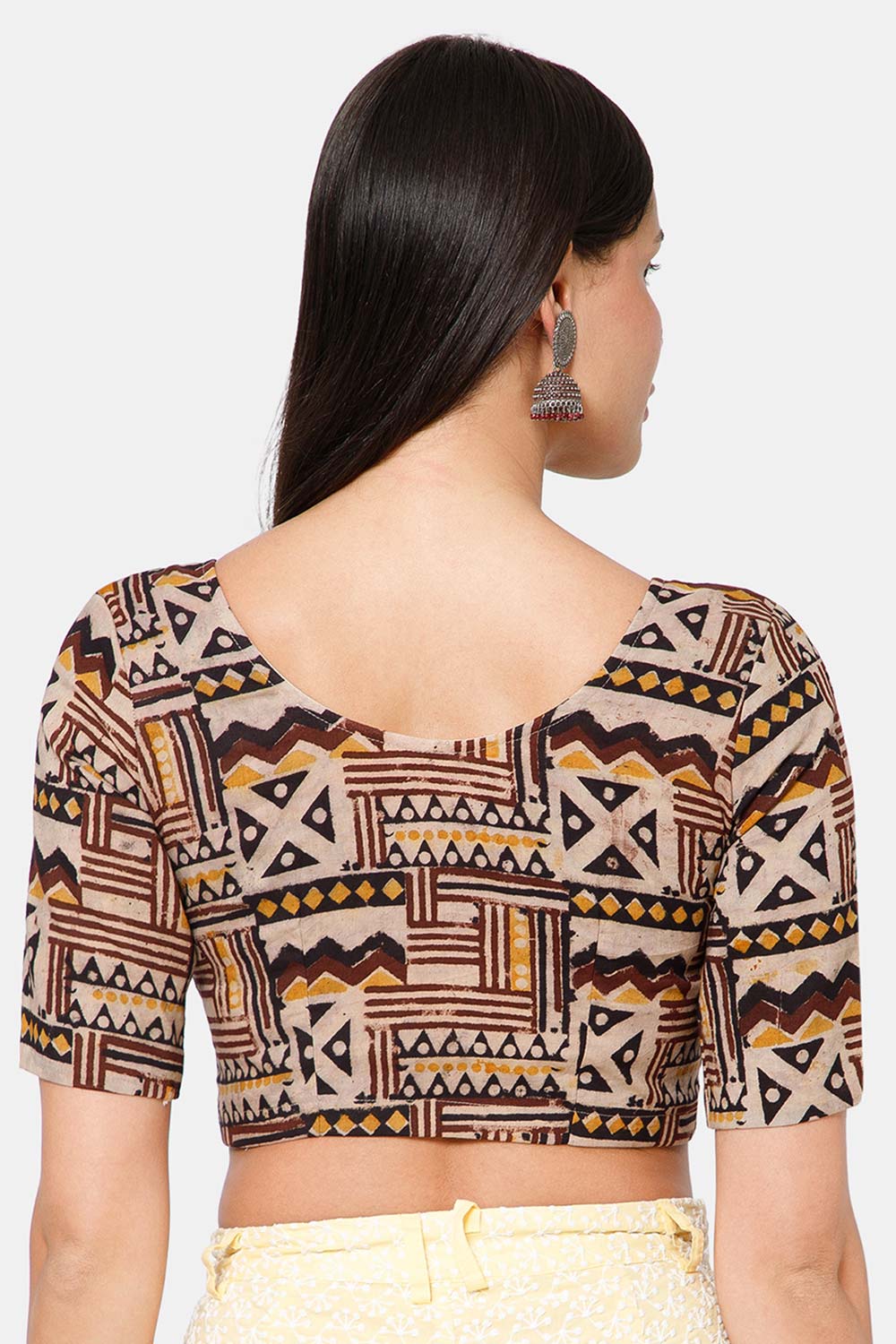 Naidu Hall Women’s Blouse Cotton Kalamkari Padded Front Open U Neck Princess Cut Elbow Sleeve Saree Blouse - Brown - BU17