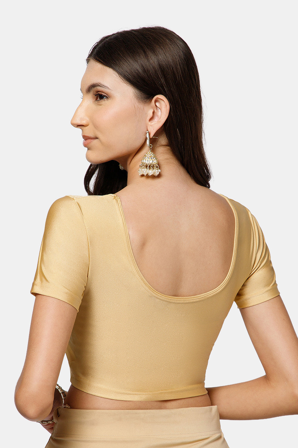Naidu Hall Women’s Shimmer Knitted Saree Blouse | Silk Blend Round Neck Short Sleeve Ready to Wear Blouse | Regular Fit Solid Stretch Blouse for Sarees - Dark Cream Shimmer