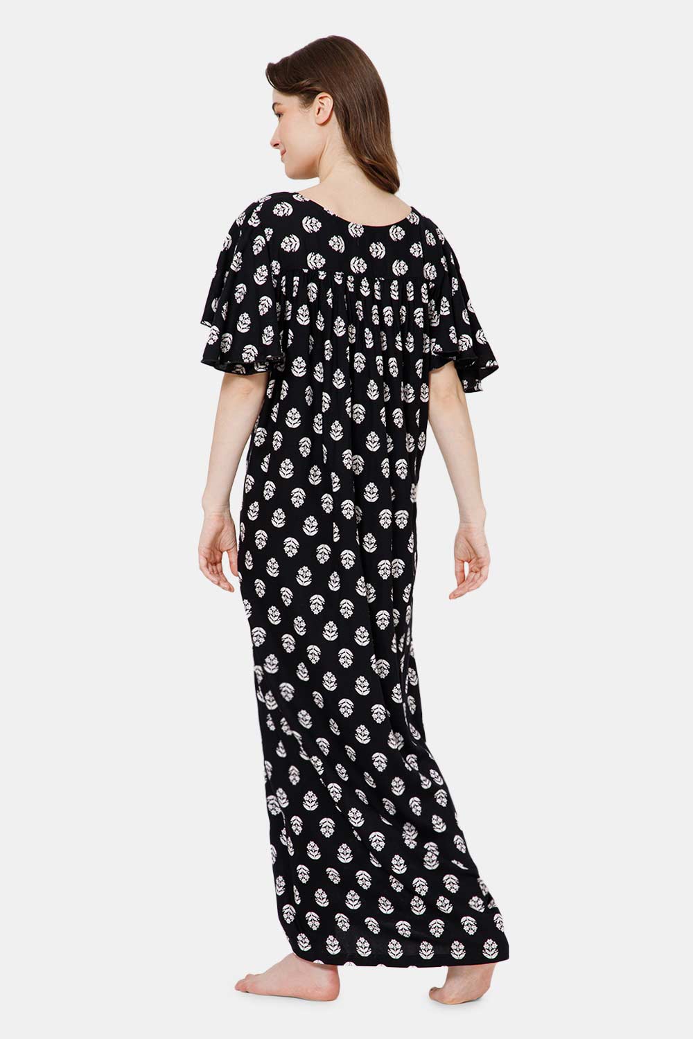 Naidu Hall All Over Printed Nighty with Butterfly Sleeves Diamond Neck - Black print-3 - NT37