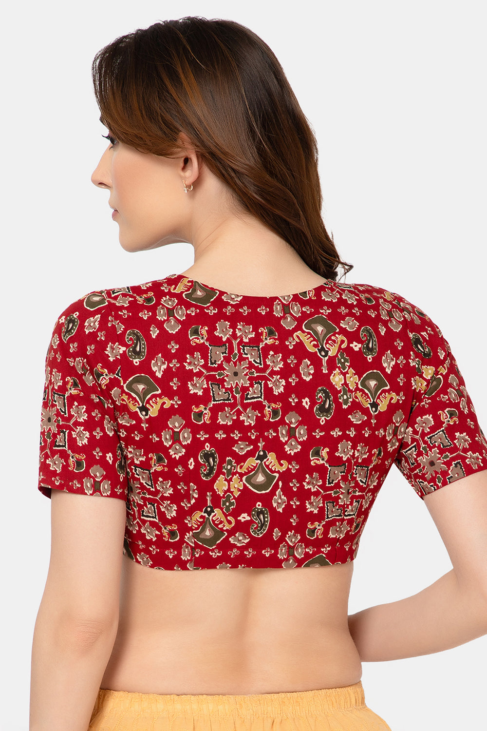 Naidu Hall Women’s Designer Cotton Ikat Blouse V-Neck Front Open with Elbow Sleeves - Red - BU16