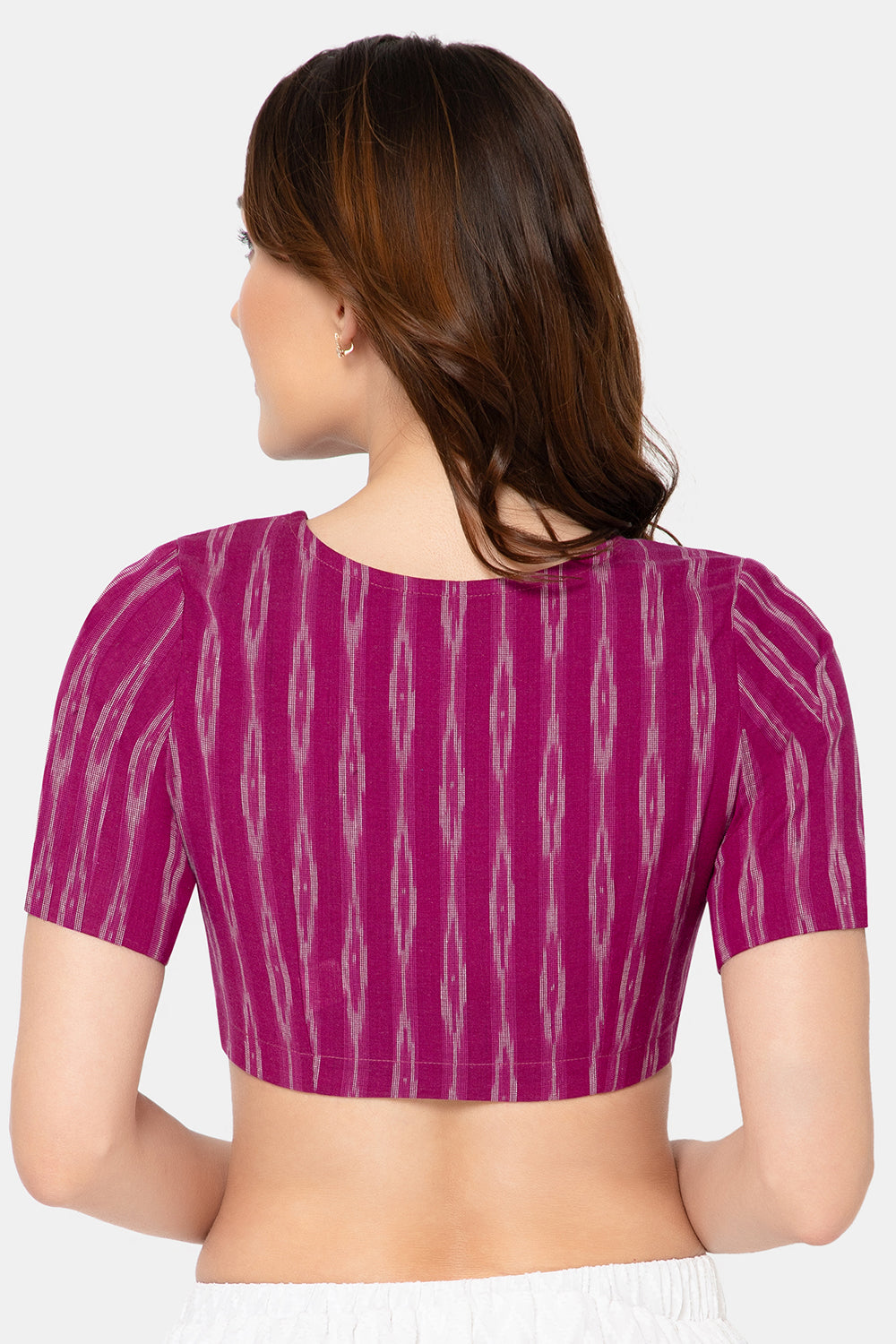 Naidu Hall Women’s Designer Cotton Ikat Blouse V-Neck Front Open with Elbow Sleeves - Purple - BU16