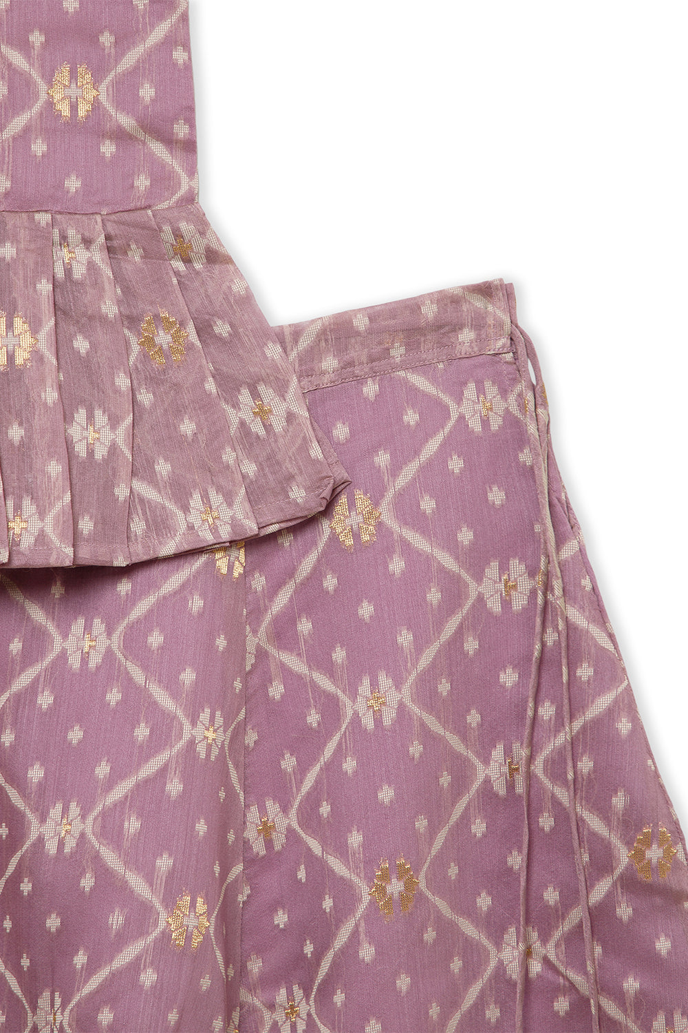 Chittythalli Girls’ Ethnic Pavadai Set – Chanderi Jamdani Peplum Top with Criss-Cross Cording & Kali Skirt | Traditional Festive Wear for Girls - PS91