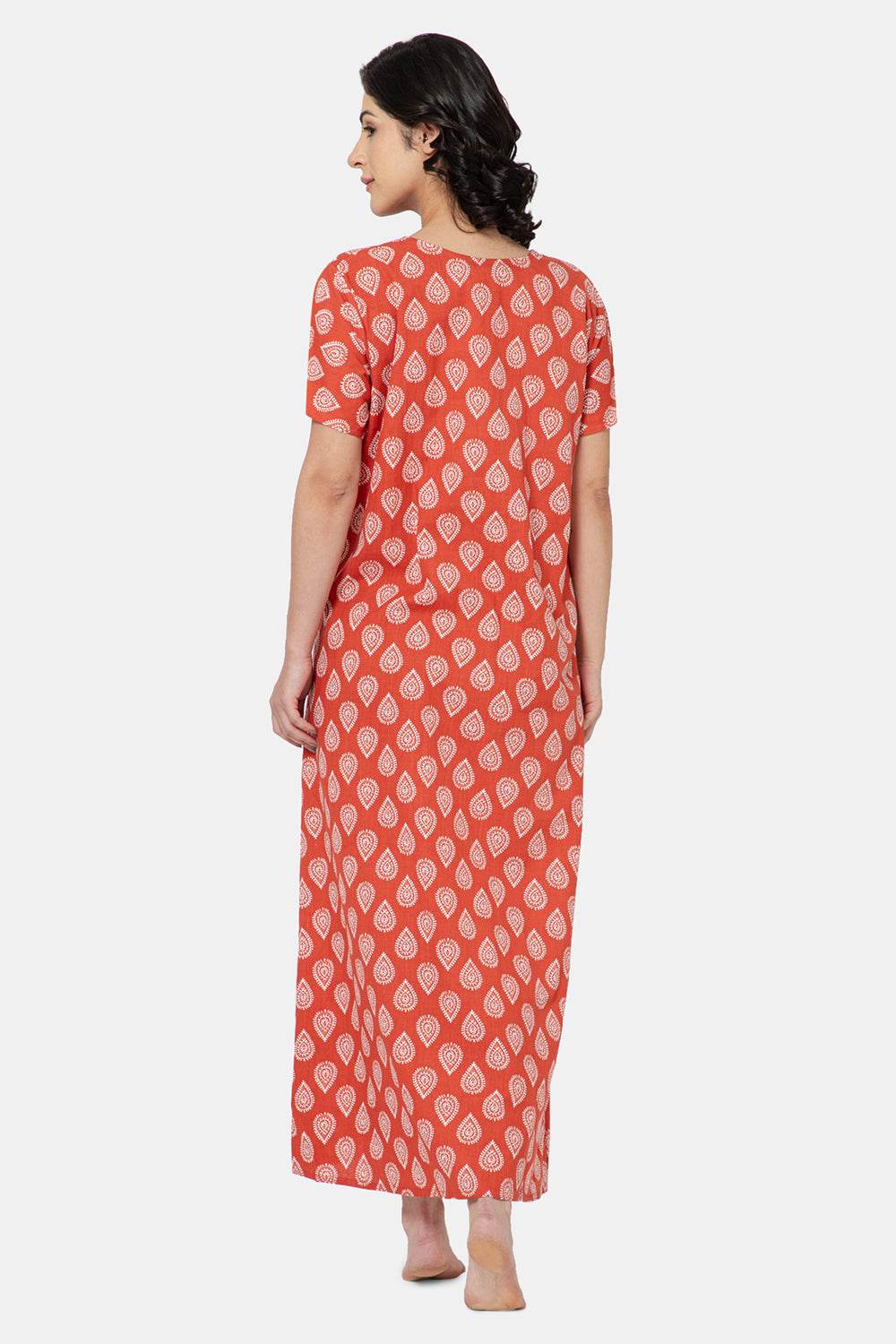 Naidu Hall Women's Printed A-Line Nighty with Square Neck and Ruffle Detailing - Red - N102 - Naidu Hall Family Store