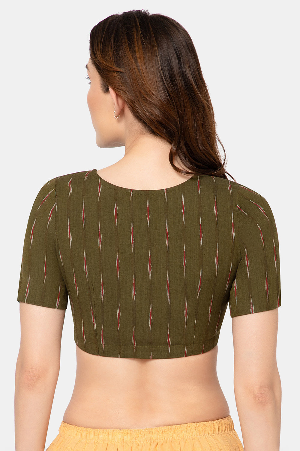 Naidu Hall Women’s Designer Cotton Ikat Blouse V-Neck Front Open with Elbow Sleeves - Olive - BU16