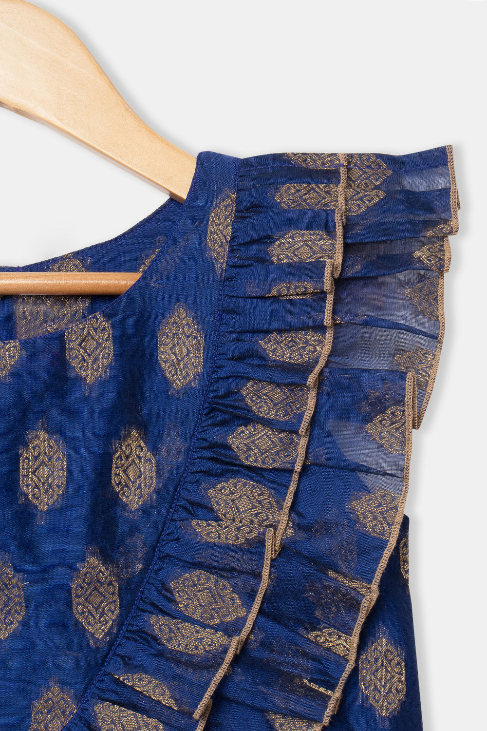 Chittythalli Girls Pavadai Set with Two-Layer Ruffle Top & Tassel-Detail Kali Skirt - Blue - PS79