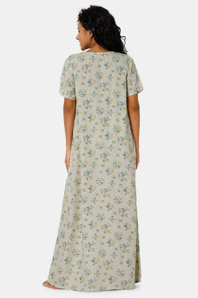 Naidu Hall Front Open Round Neck Short Sleeve Printed Nighty-Green - NT11