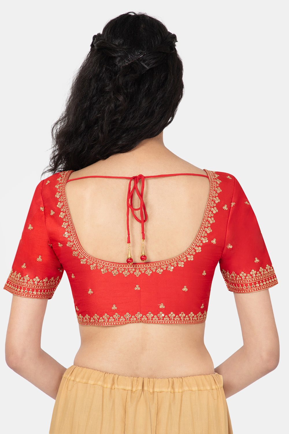 Naidu Hall Ethnic Saree Blouse with U-Neck Elbow Sleeves - Red