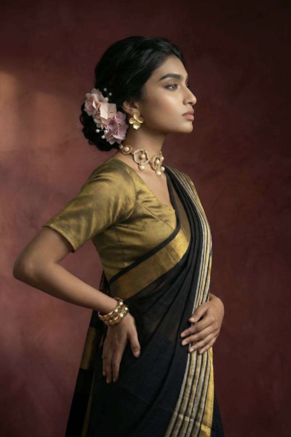 Naidu Hall Women's Black Tissue Cotton Blend Solid Saree with Blouse | Lightweight Ethnic Wear Saree - R130