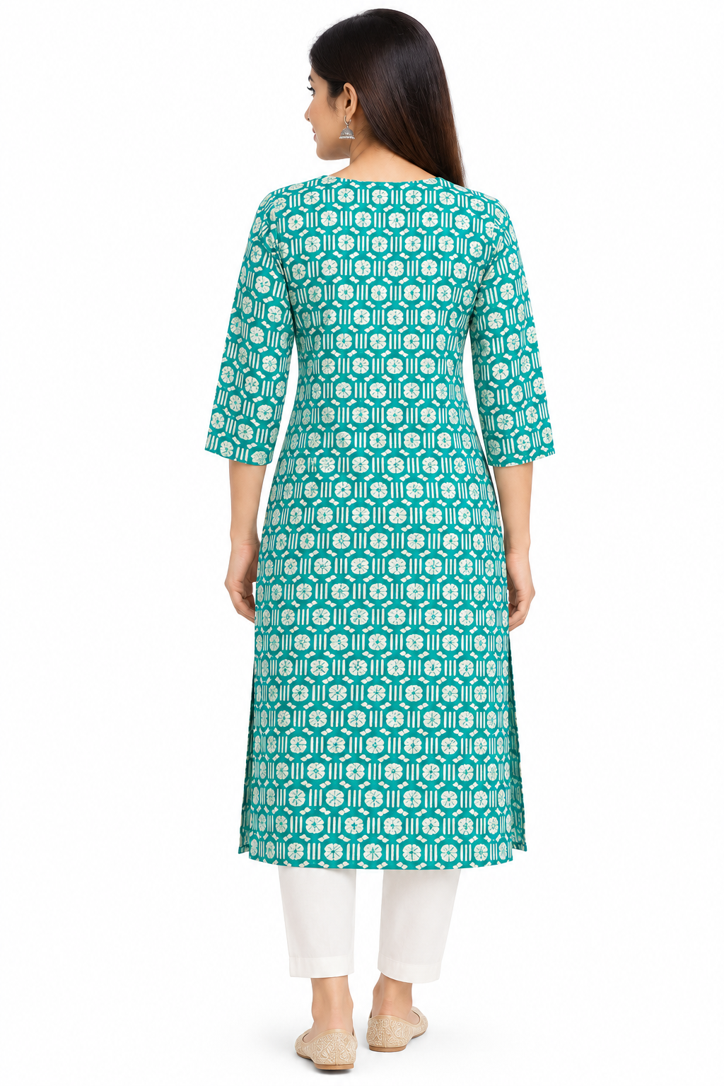 Women's Prints Cotton Blend Kurti with Round Neck, 3/4 Sleeve and Regular Fit - Below Knee | Casual Ethnic Wear Kurti for Daily Wear & Casual Outings - 3471