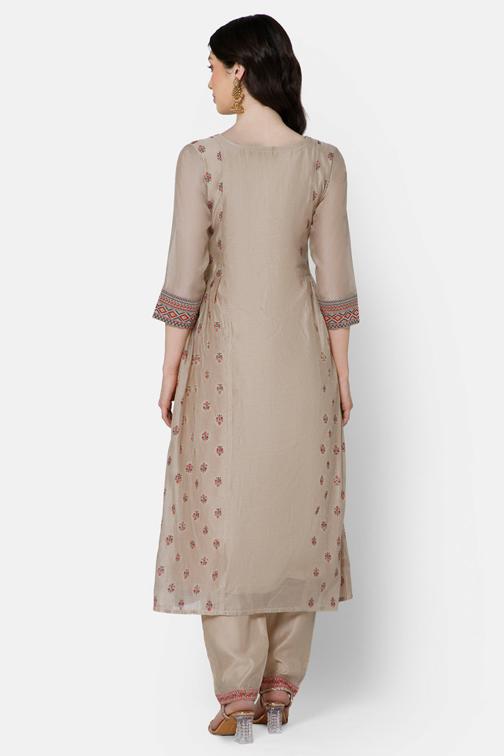 Mythri Panelled anarkali set with round neck and 3/4th sleeves  - Fawn - E001