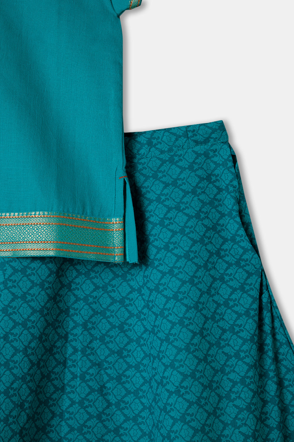 Chittythalli Girls Ethnic wear  Cotton printed fabric  Pavadai Set with  Stylized Neck Half Sleeve - Teal Green - PS65