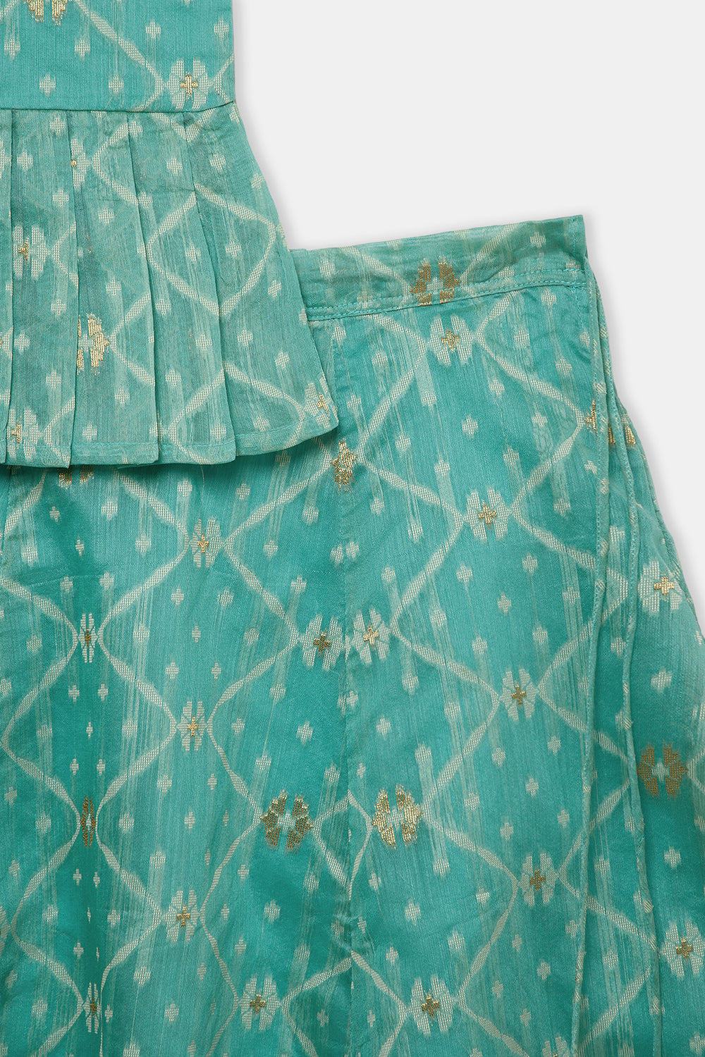 Chittythalli Girls’ Ethnic Pavadai Set – Chanderi Jamdani Peplum Top with Criss-Cross Cording & Kali Skirt | Traditional Festive Wear for Girls - PS91