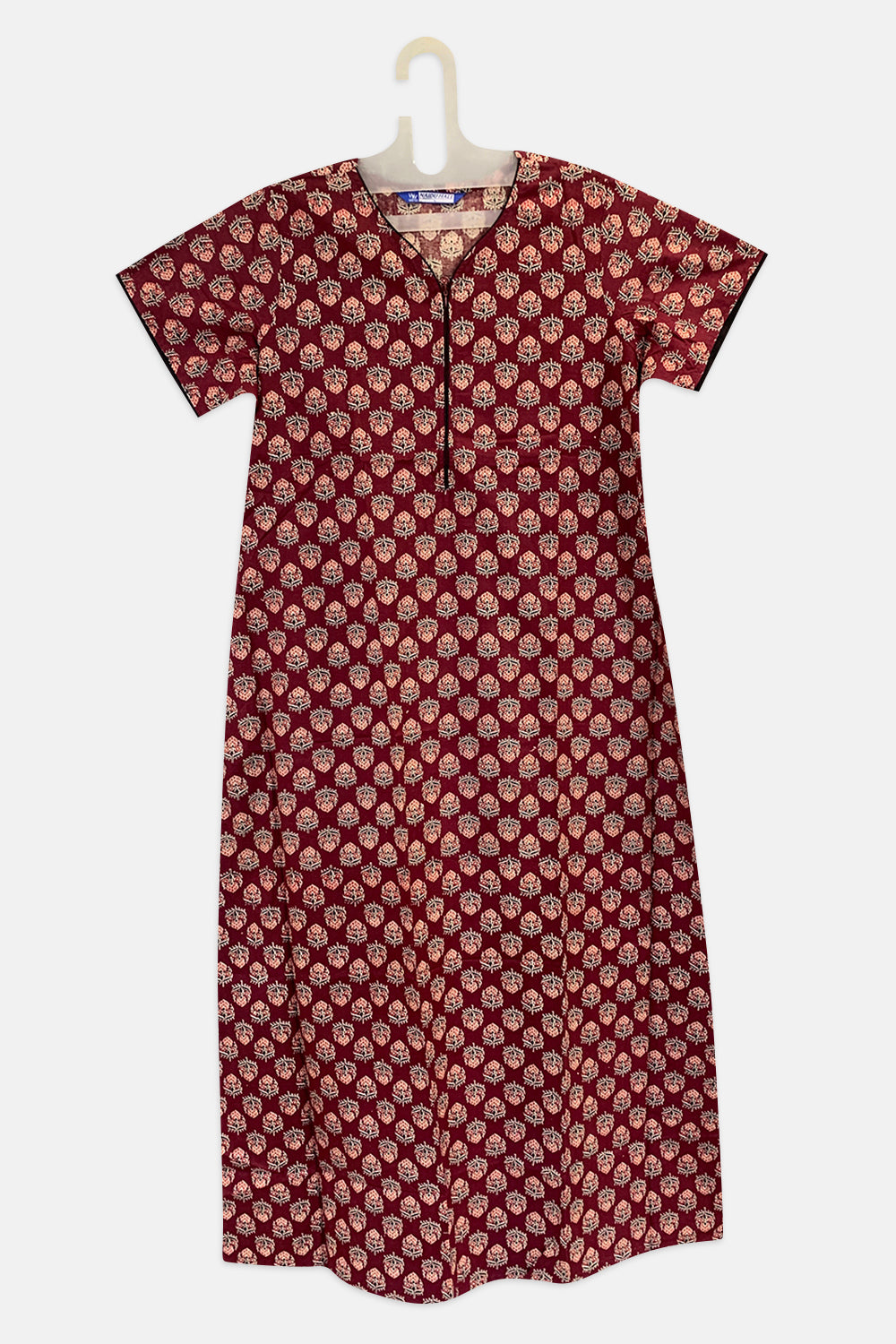 Naidu Hall V Neck Half Sleeve Front Zip Open Nighty - Maroon - NT38