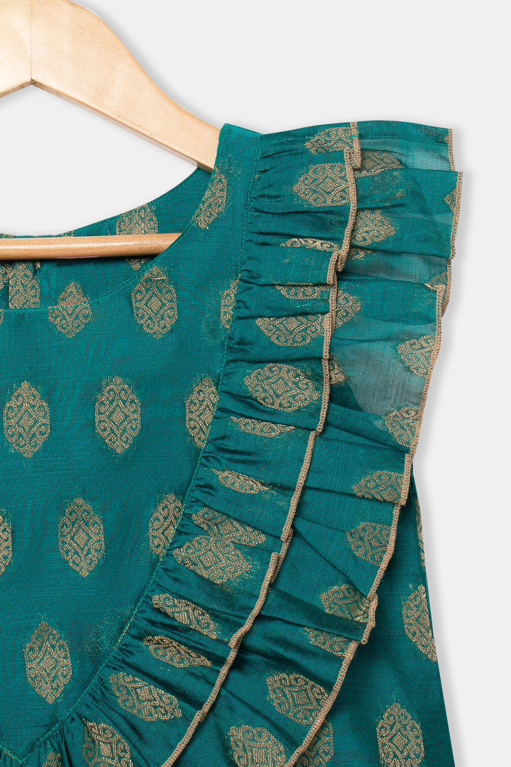 Chittythalli Girls Pavadai Set with Two-Layer Ruffle Top & Tassel-Detail Kali Skirt - Teal Green - PS79