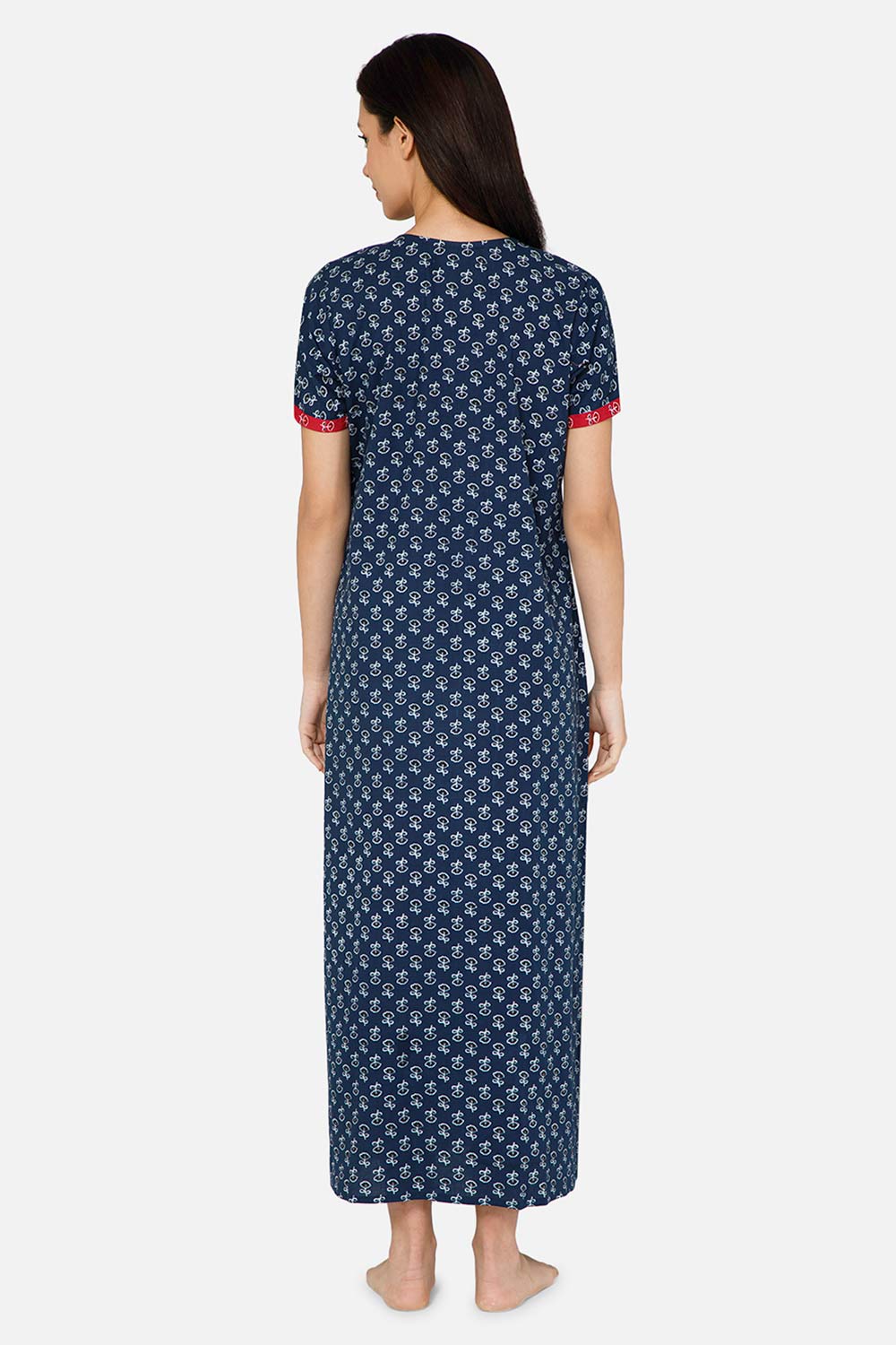 Naidu Hall A-line Front Open Women's Nighty Full Length Half Sleeve  - Navy Blue - R125