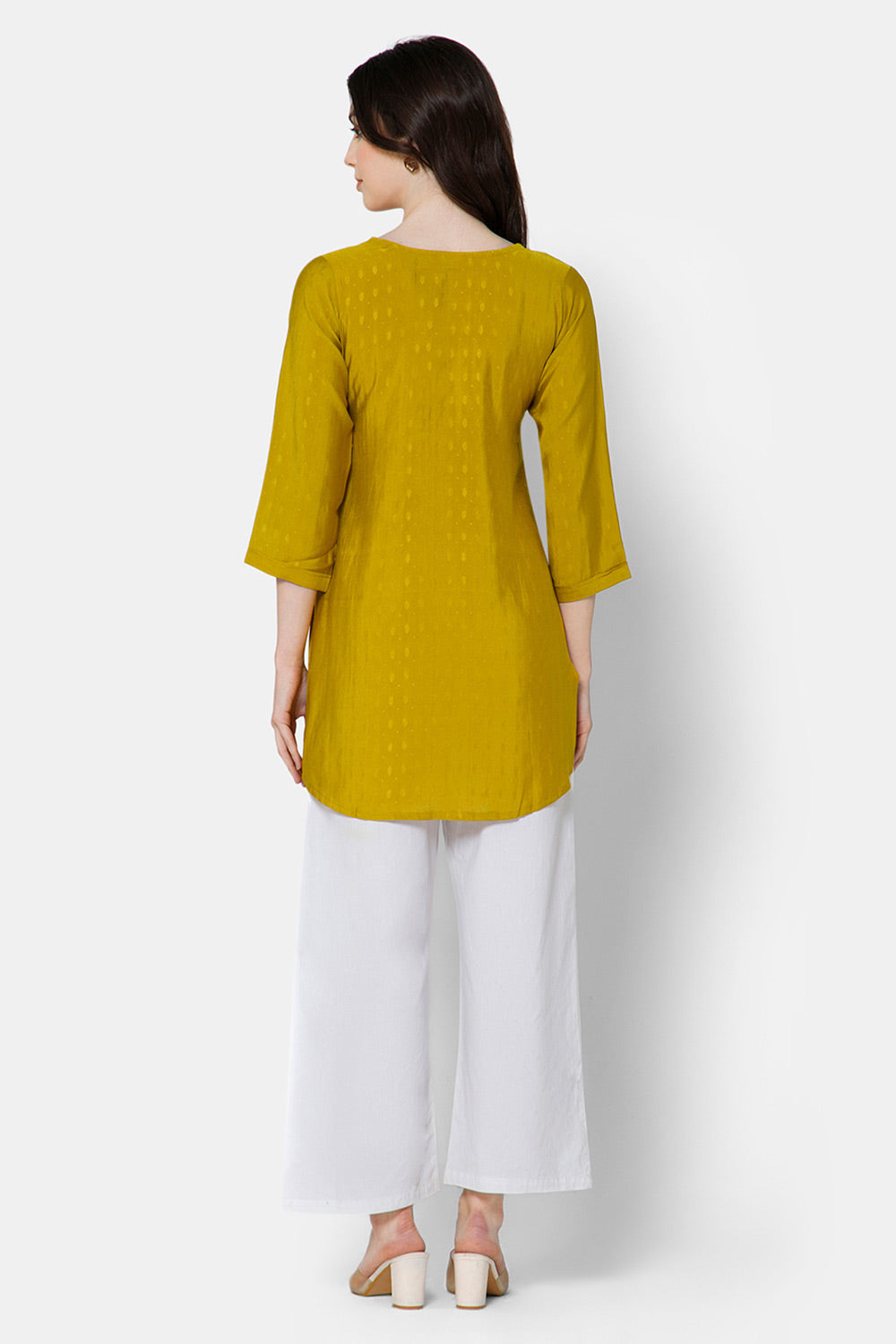 Mythri Women's Casual Tops with Mirror Work At The Center Front  - Yellow - E024