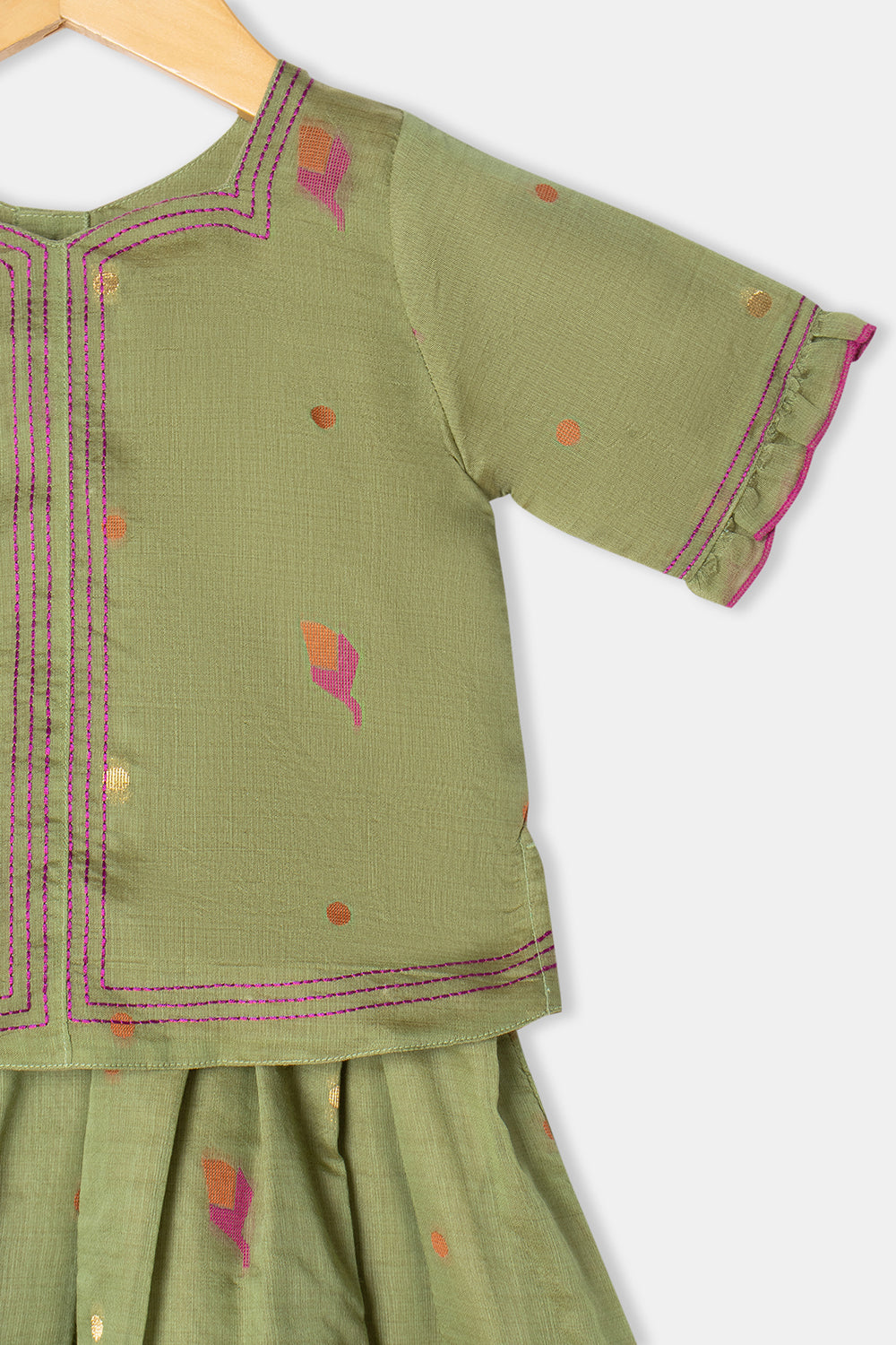 Chittythalli Girls Pavadai Set Cotton Blend with Sweetheart Neckline & Box Pleat Skirt- Light Green - PS75