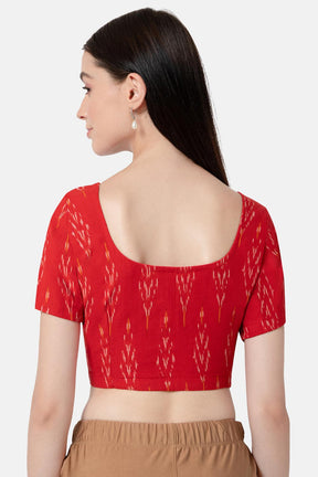 Naiduhall Princess Cut Round Neck Short Sleeve Ikat Blouse - Red - BU10