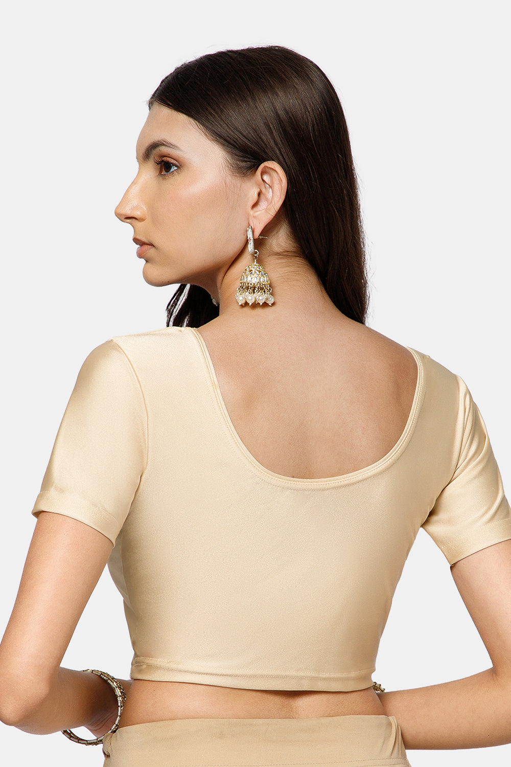 Naidu Hall Women’s Shimmer Knitted Saree Blouse | Silk Blend Round Neck Short Sleeve Ready to Wear Blouse | Regular Fit Solid Stretch Blouse for Sarees - Pista Shimmer