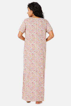 Naidu Hall Front Open Round Neck Short Sleeve Printed Nighty-Baby pink - NT11
