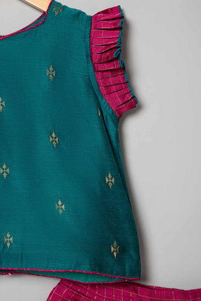Chittythalli Knife Pleat Sleeve With Stylized Neck Line & Box Pleat Skirt  Pavadai Set -  Teal Green  - PS51