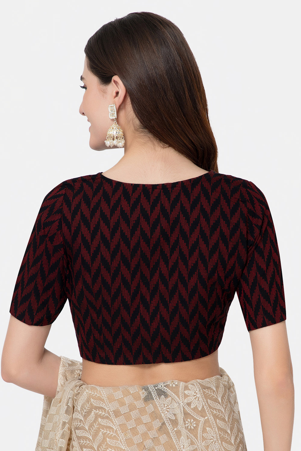 Naidu Hall V Neck Princess Cut Elbow Sleeve Front Open Jacquard1 Saree Blouse - Red - BU13