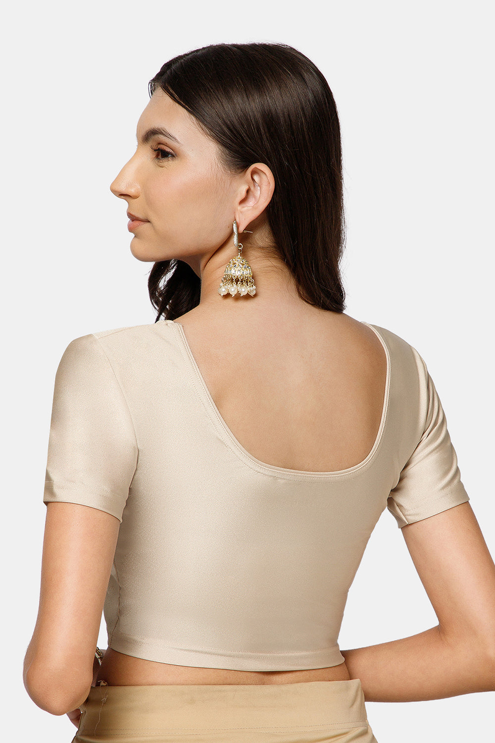 Naidu Hall Women’s Shimmer Knitted Saree Blouse | Silk Blend Round Neck Short Sleeve Ready to Wear Blouse | Regular Fit Solid Stretch Blouse for Sarees - Light Fawn Shimmer