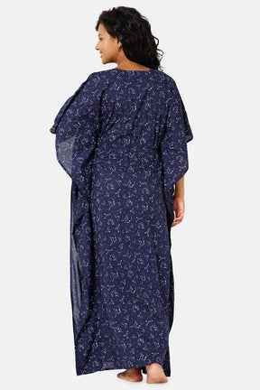 Naidu Hall  Round Neck Kaftan Style Printed Nighty-Navy Blue - NT27