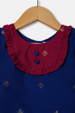 Chittythalli Pintuck Sleeve With Patch Work With Ruffle Detailing Top And Skirt Pavadai Set -  Dark Blue  - PS33