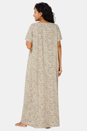 Naidu Hall Front Open Round Neck Short Sleeve Printed Nighty-Grey - NT11