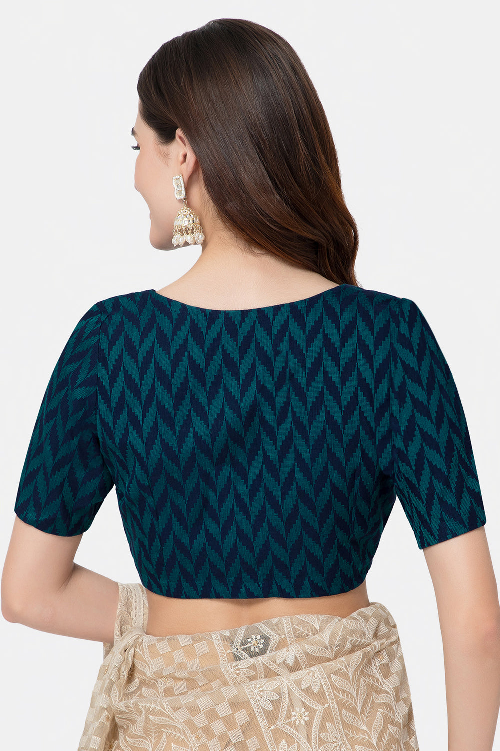 Naidu Hall V Neck Princess Cut Elbow Sleeve Front Open Jacquard1 Saree Blouse - Teal Green - BU13